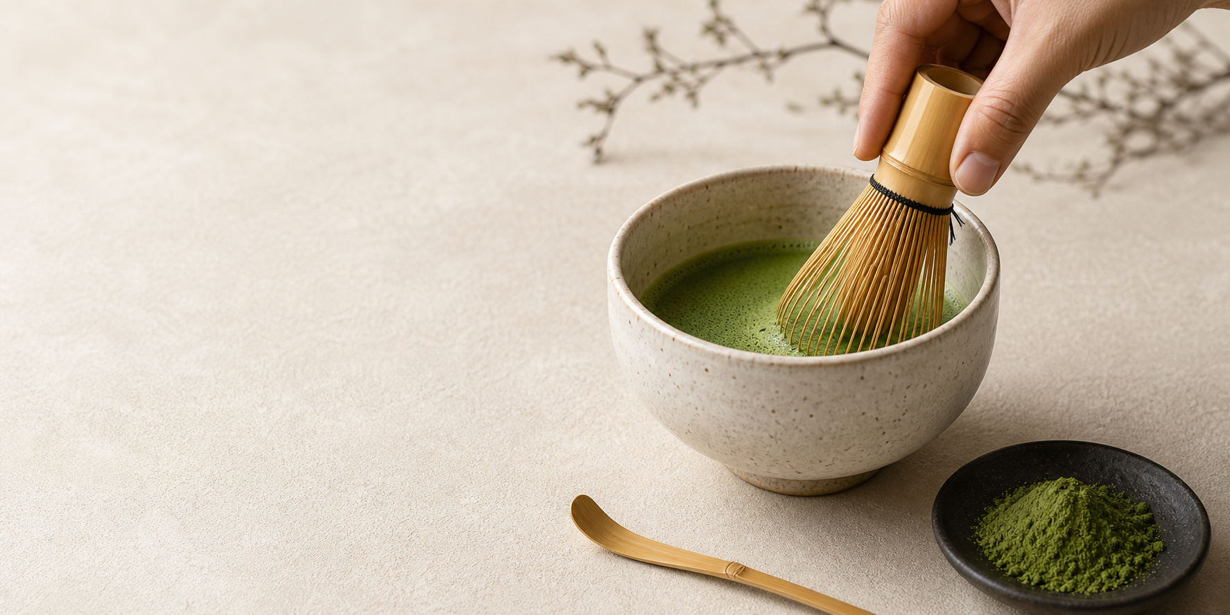 Hand whisking vivid matcha in a ceramic bowl